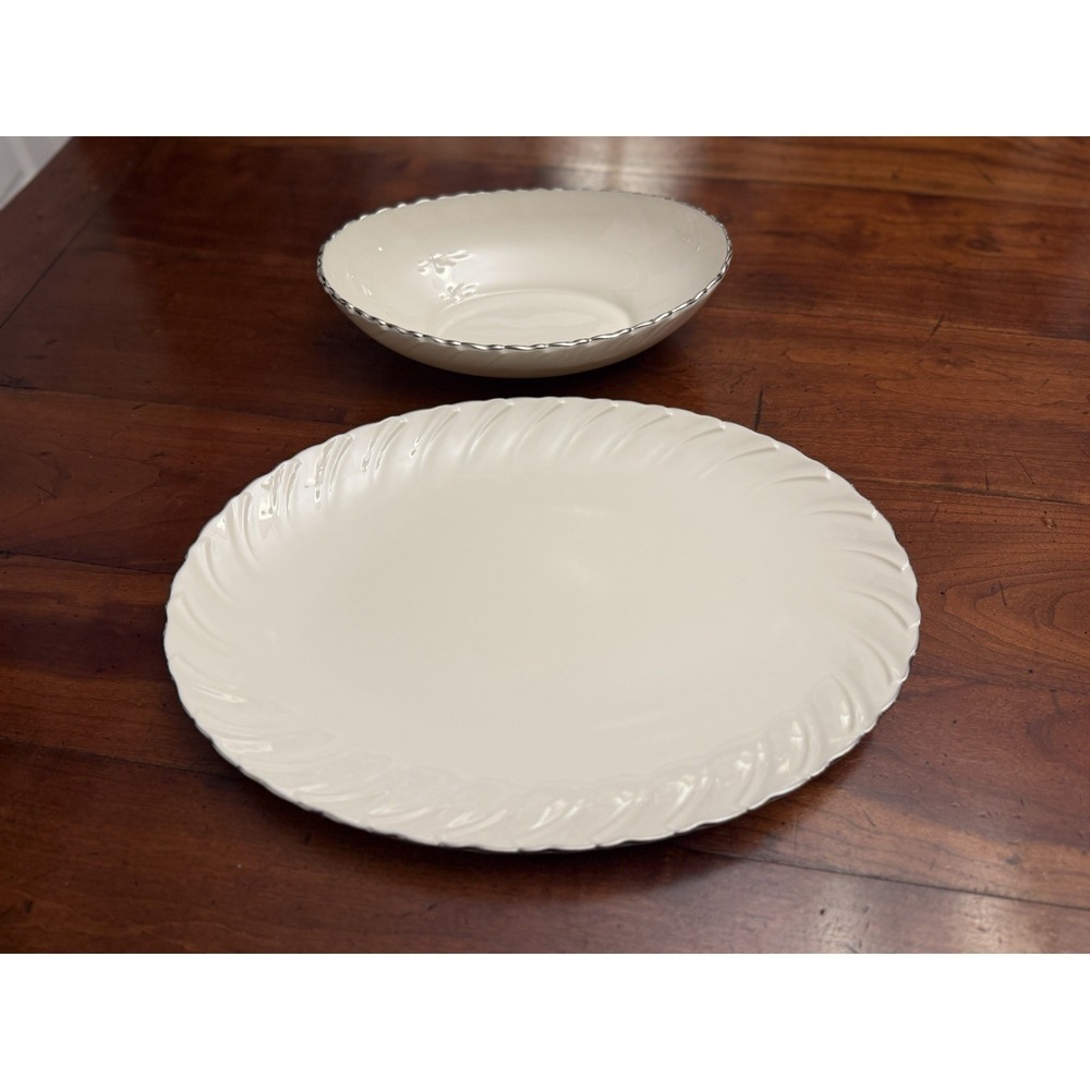 Lenox Weatherly Oval Serving Platter & Oval Vegetable Bowl Set Platinum Trim